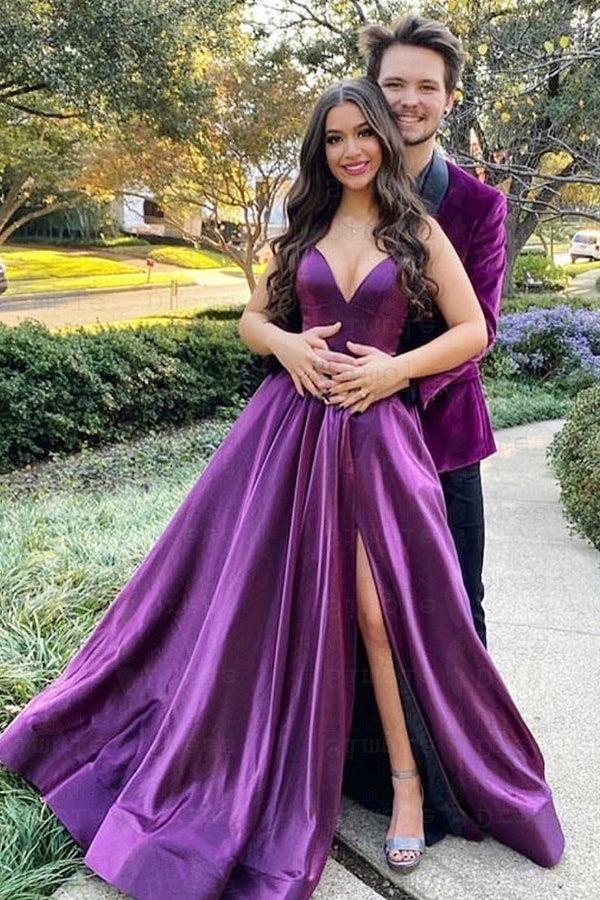 Spaghetti Strap Purple Prom Dress V Neck Sleeveless A Line Evening Formal Dress With Front Split