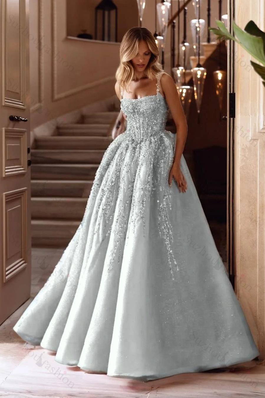 Spaghetti Strap Sleeveless Long A Line Evening Formal Dress With Beading