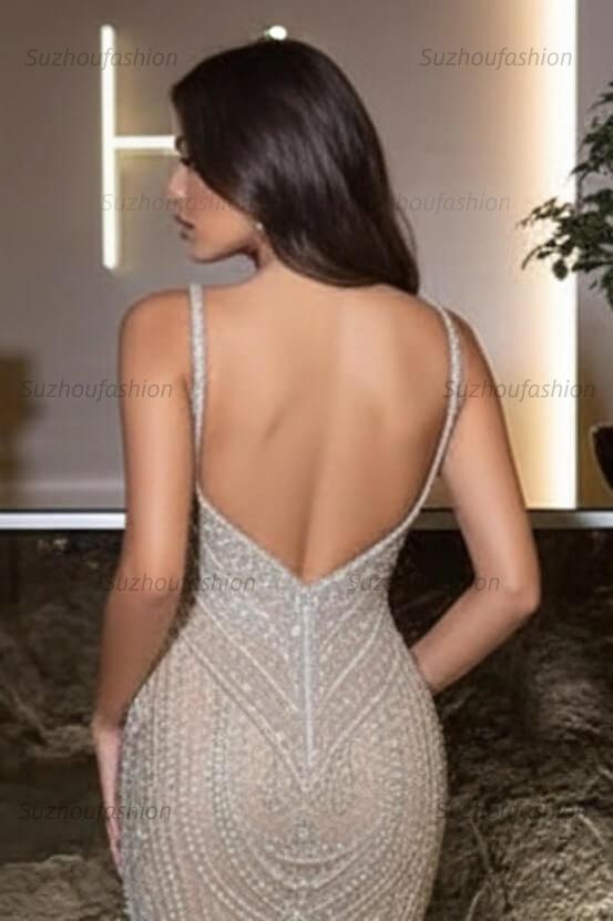 Spaghetti Strap Sleeveless Long Mermaid Evening Formal Dress With Beading