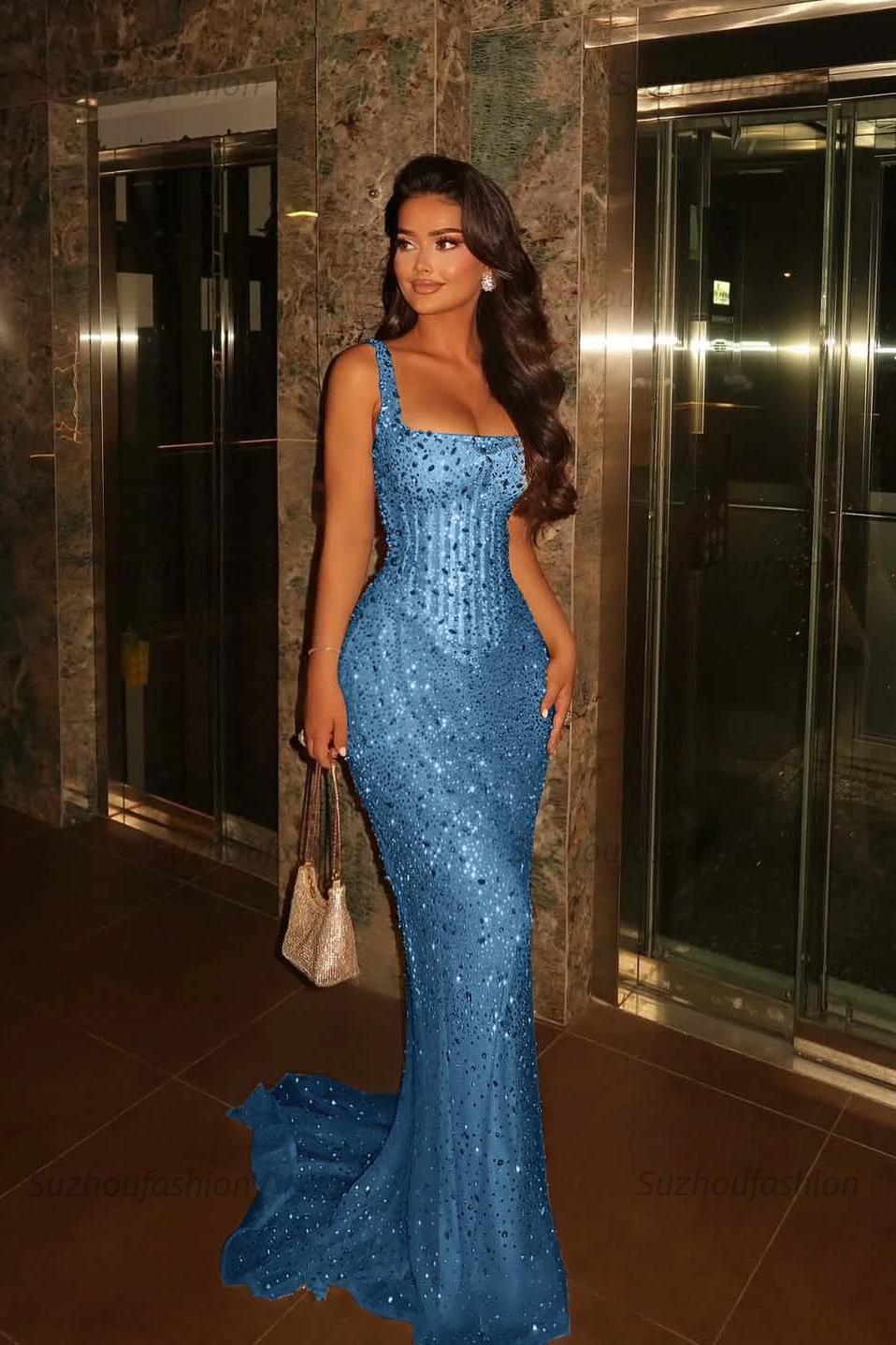 Spaghetti Strap Sleeveless Long Mermaid Evening Formal Dress With Beading