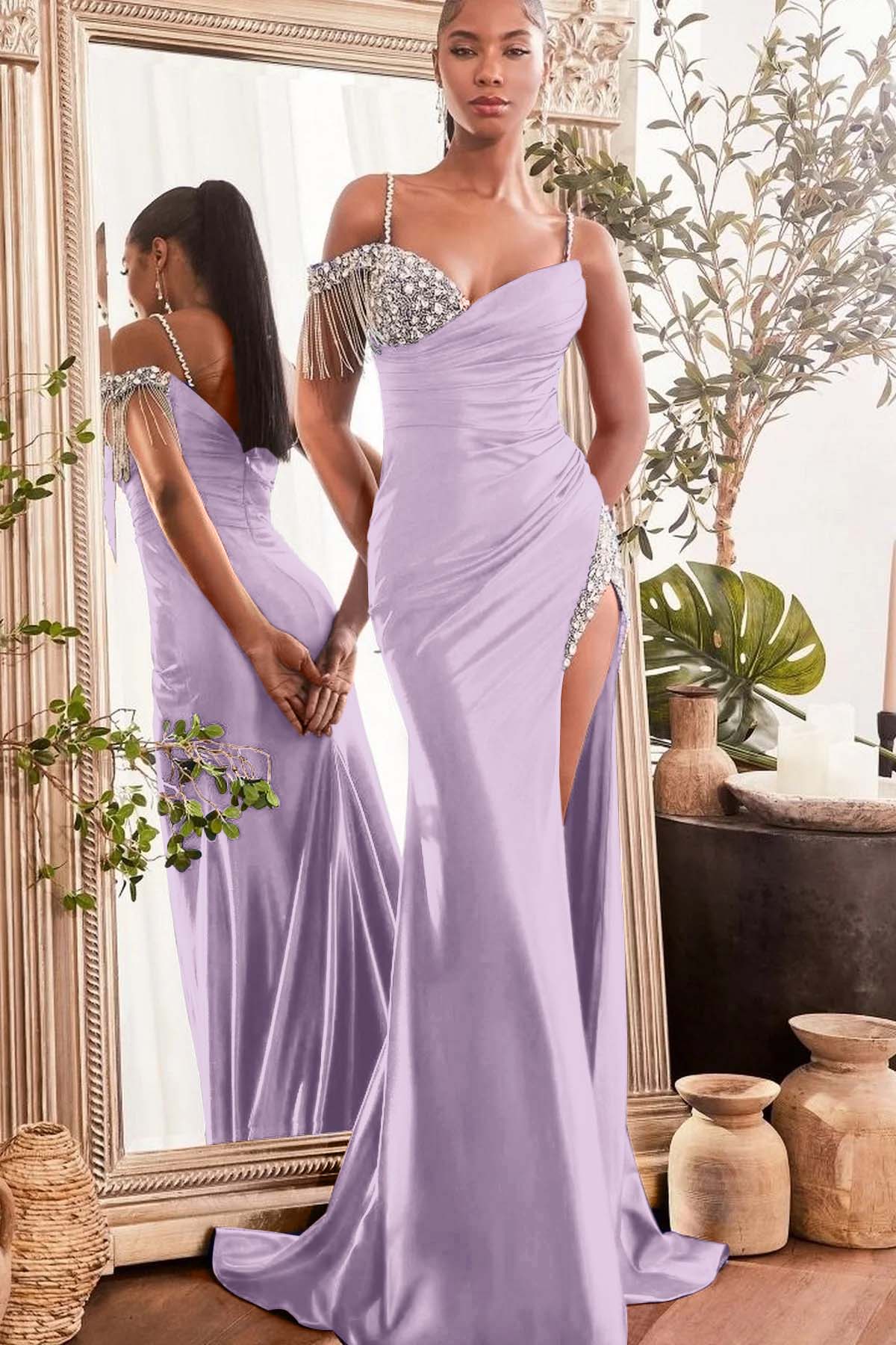 Spaghetti Strap Sleeveless Split Long Mermaid Evening Formal Dress With Beading