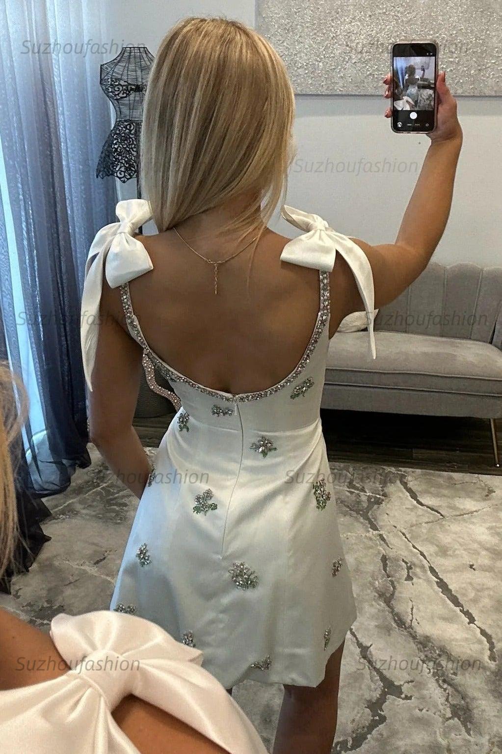 Spaghetti Straps A Line Homecoming Dress Beaded Cocktail Dress with Bowknots