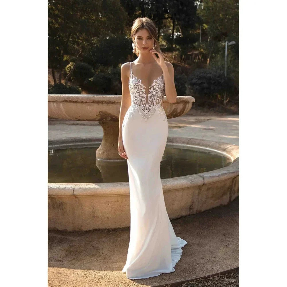 Spaghetti Straps Appliques Mermaid Wedding Dress for Women 2023 Lace Beach Charming Bridal Gown Custom Made (ZD13363) - VelvetHem