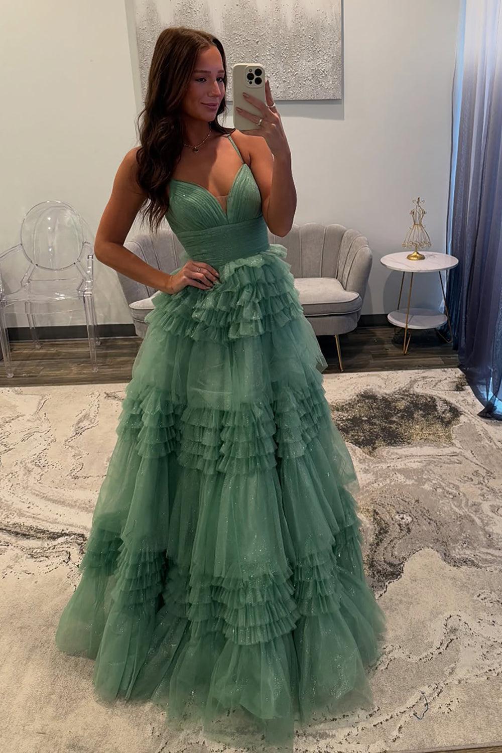 Spaghetti Straps Black Prom Dress Ruffled Long Formal Dress