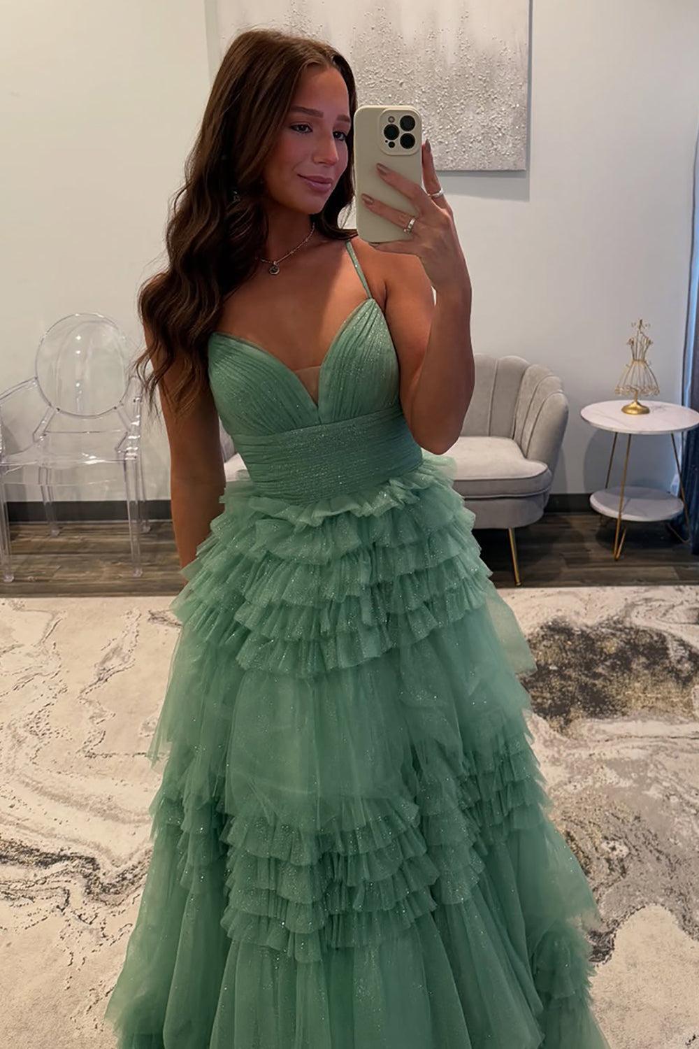 Spaghetti Straps Black Prom Dress Ruffled Long Formal Dress