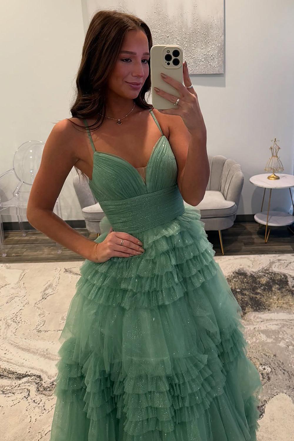 Spaghetti Straps Black Prom Dress Ruffled Long Formal Dress