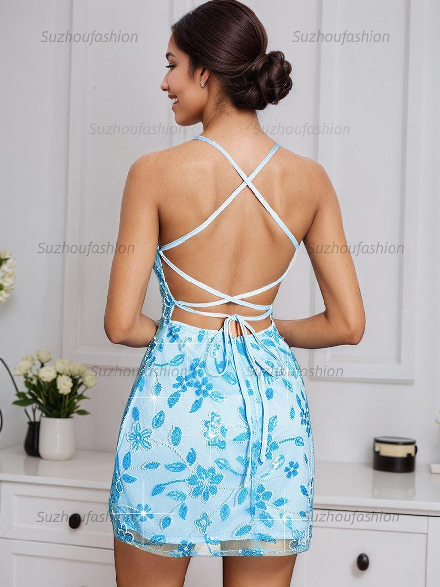 Suzhoufashion Spaghetti Straps Bodycon Beaded Floral Short Homecoming Dress