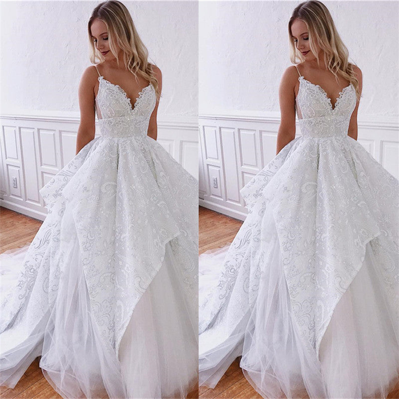 Spaghetti-Straps Charming A-line White Backless Wedding Dresses