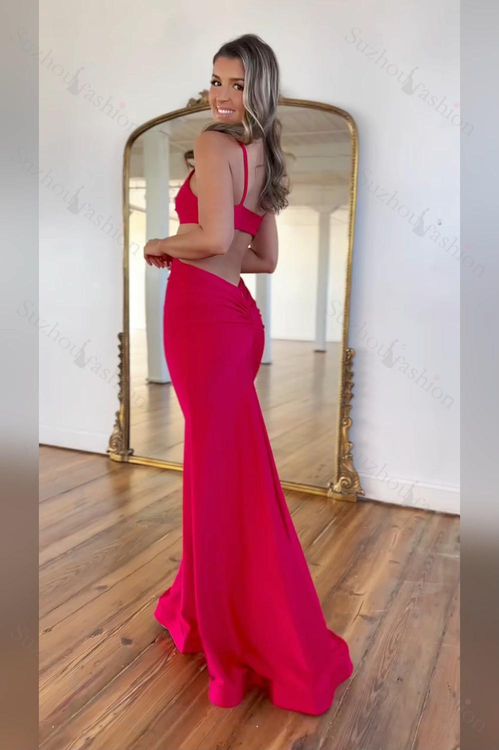 Spaghetti Straps Cut Out Fuchsia Prom Dress Long Formal Dress With Slit