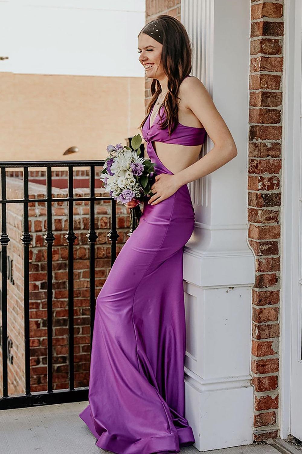 Spaghetti Straps Cut Out Fuchsia Prom Dress Long Formal Dress With Slit