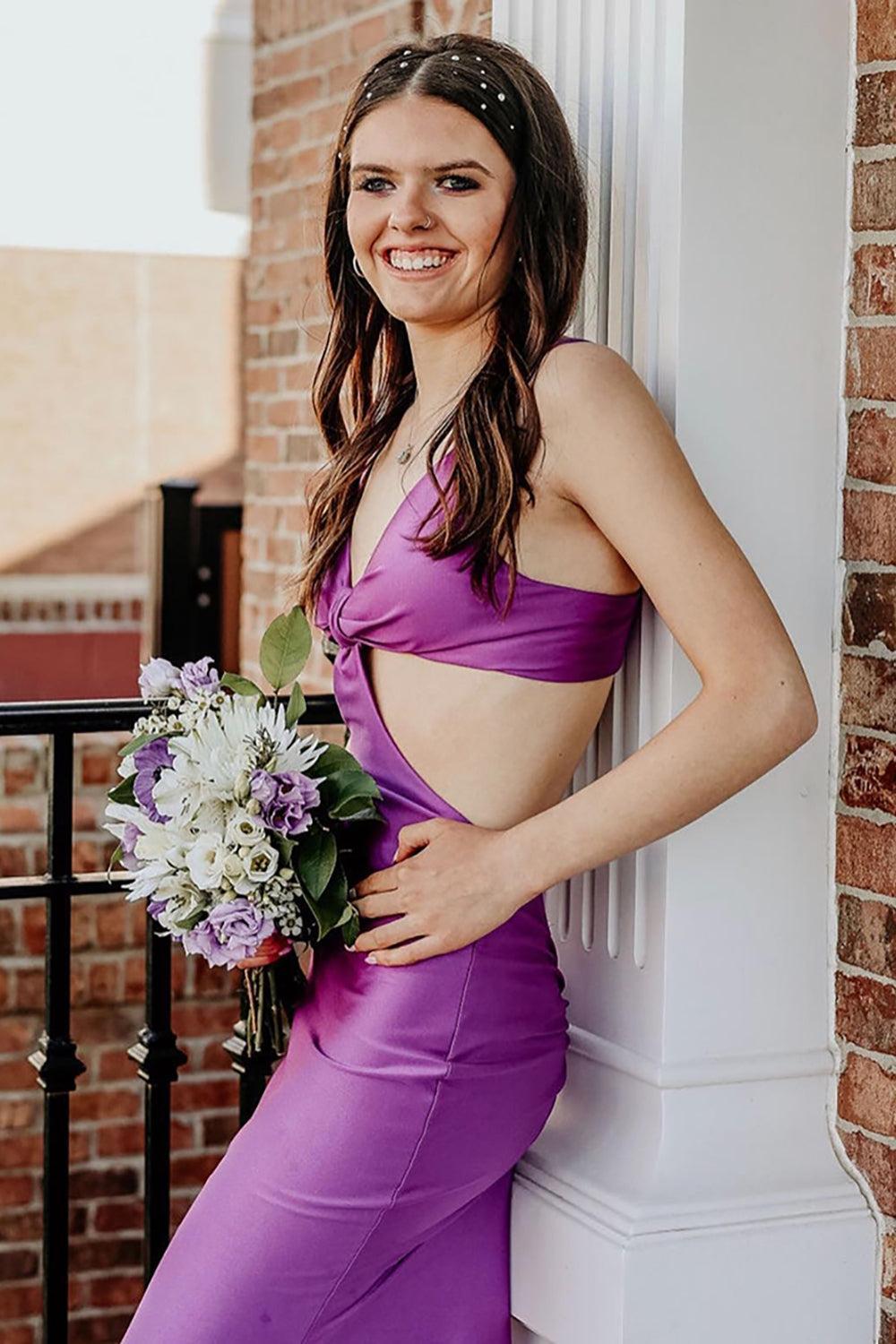 Spaghetti Straps Cut Out Fuchsia Prom Dress Long Formal Dress With Slit
