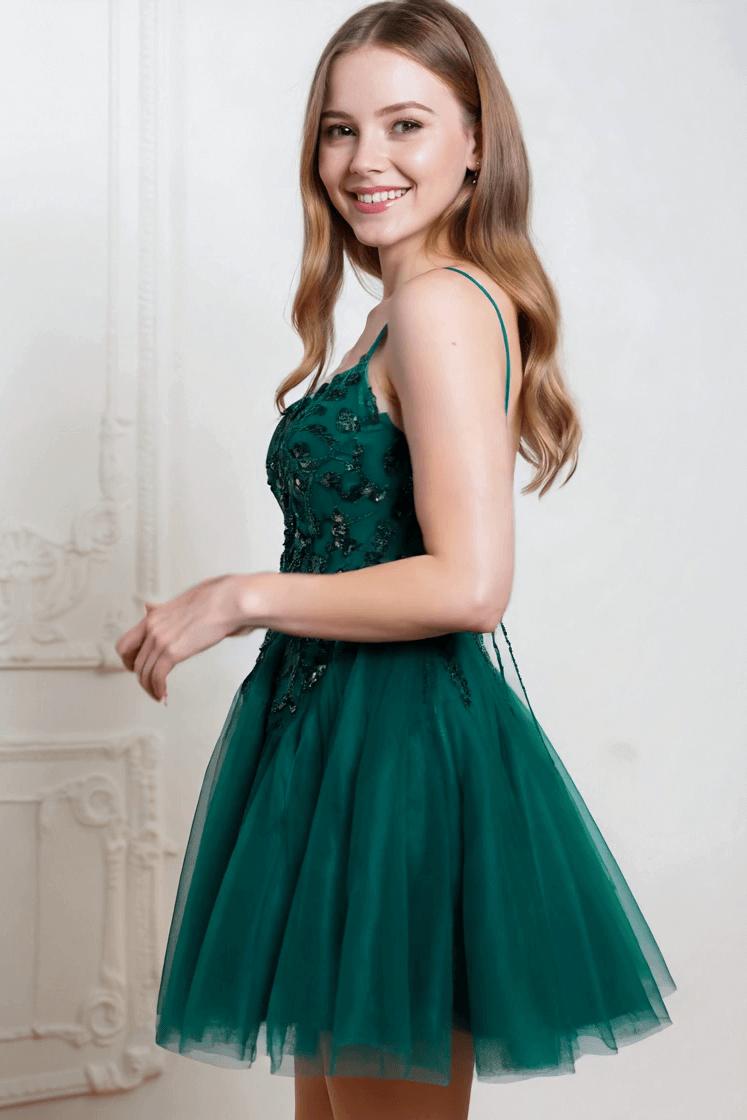 Spaghetti Straps Homecoming Dresses Sequin A Line Tulle Short Cocktail Dresses