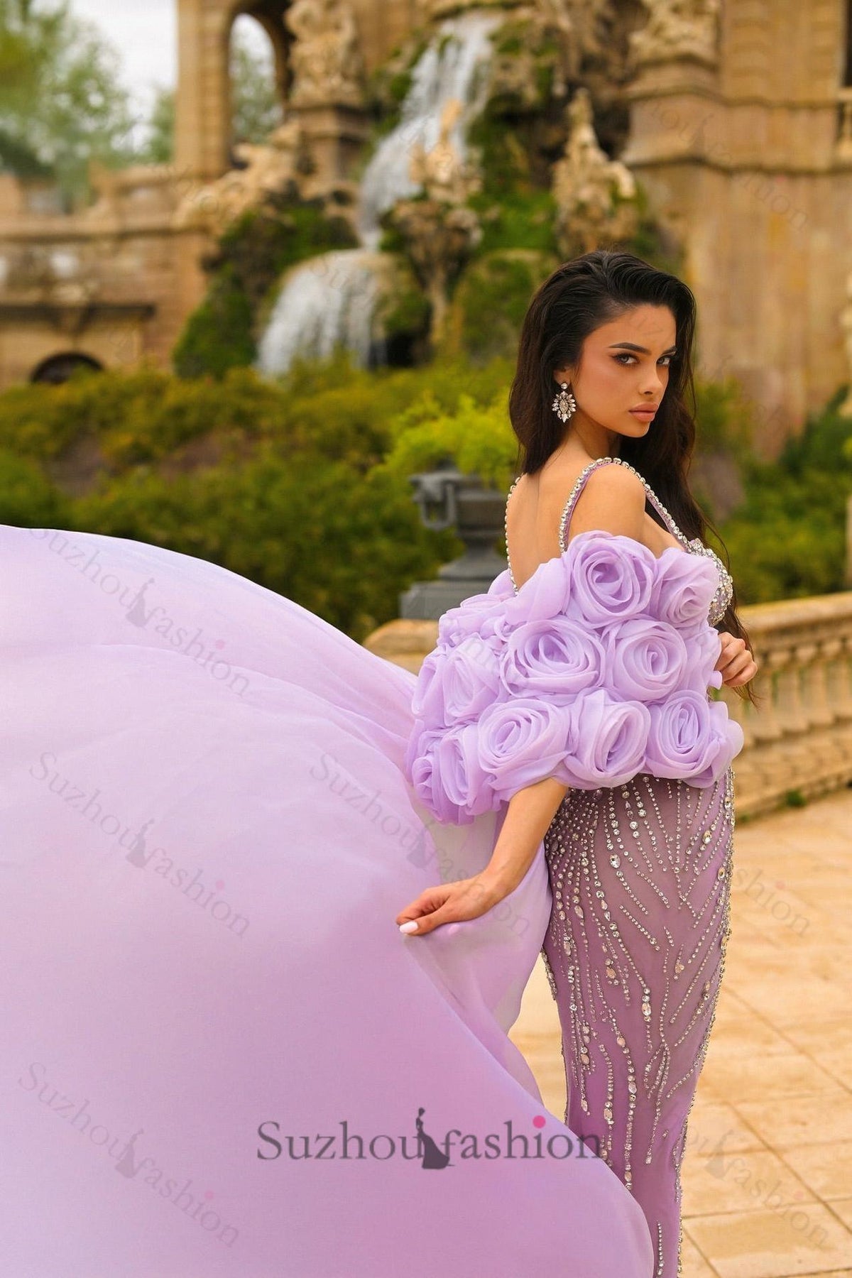 Spaghetti Straps Prom Dress Mermaid Beaded Formal Dress with 3D Flowers