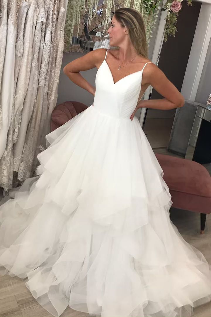 Spaghetti Straps Puffy Tulle Wedding Dresses | Sexy V-neck Bridal Gowns