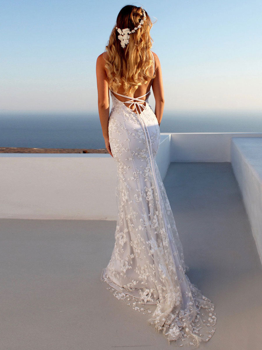Spaghetti Straps Tulle V Neck Appliques Backless Mermaid Beach Wedding Dresses