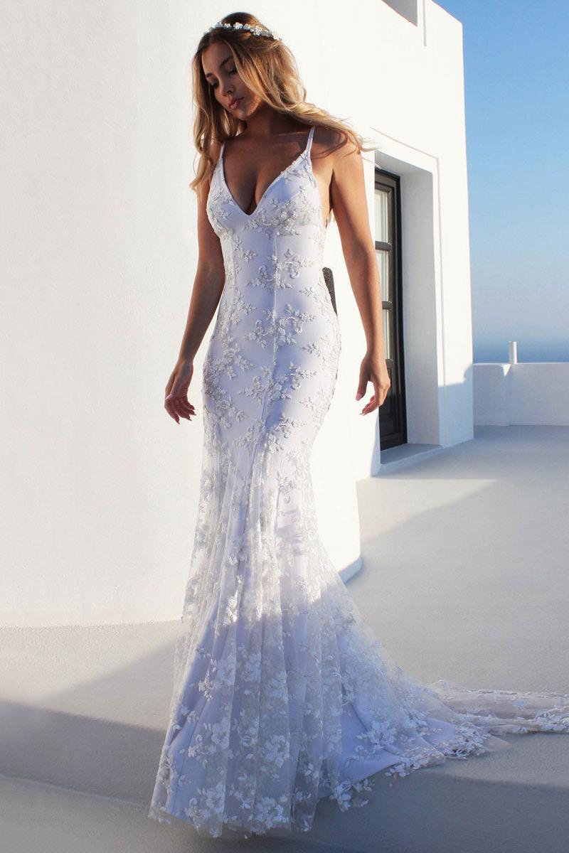 Spaghetti Straps Tulle V Neck Appliques Backless Mermaid Beach Wedding Dresses