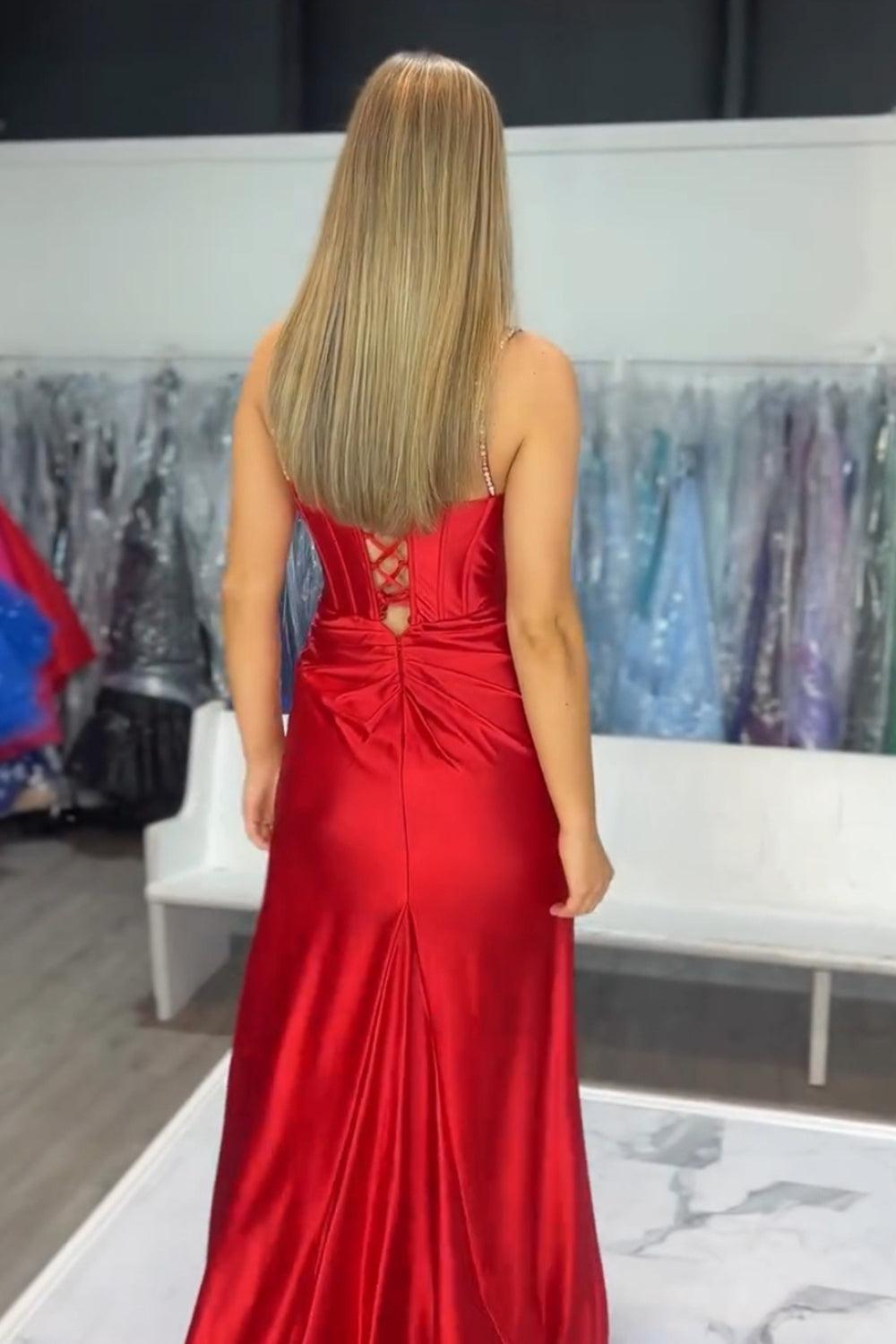 Spaghetti Straps Yellow Prom Dress Mermaid Corset Formal Dress With Slit