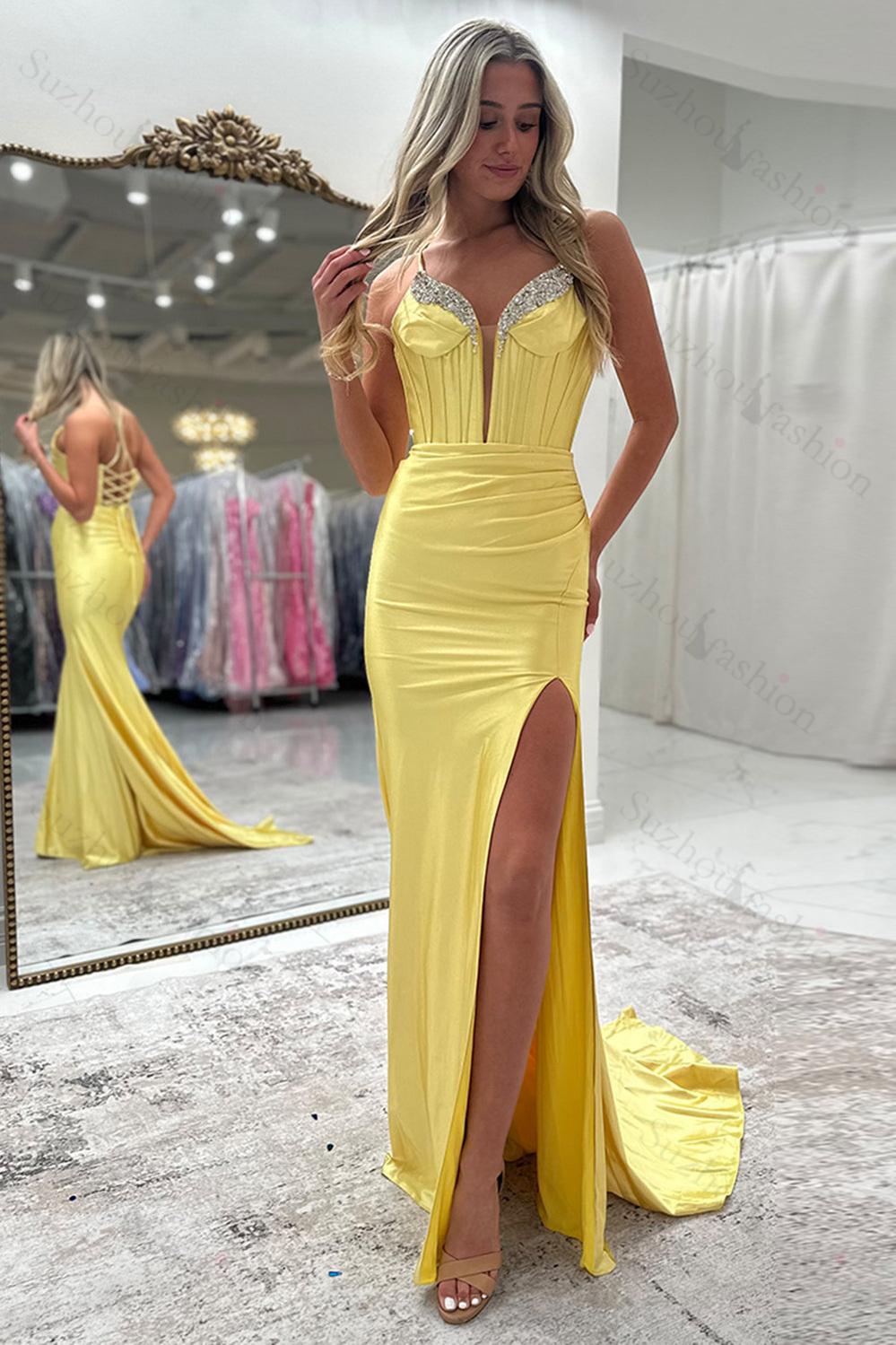 Spaghetti Straps Yellow Prom Dress Mermaid Corset Formal Dress With Slit
