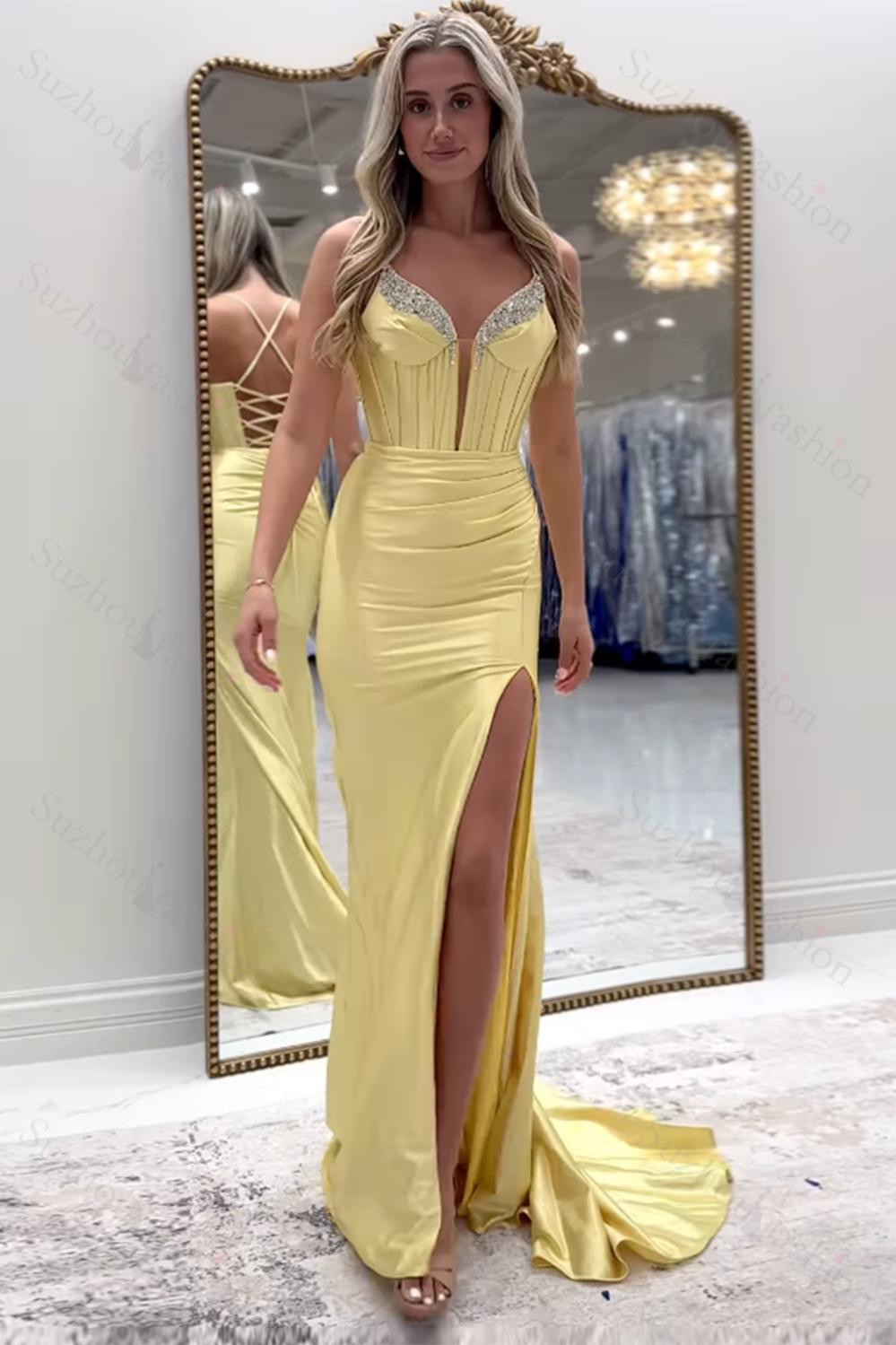 Spaghetti Straps Yellow Prom Dress Mermaid Corset Formal Dress With Slit