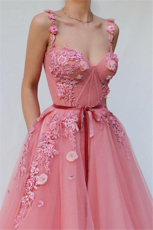 Spaghetti-straps A-Line Tulle Party Dresses | Sleeveless Appliques Flower Prom Dresses