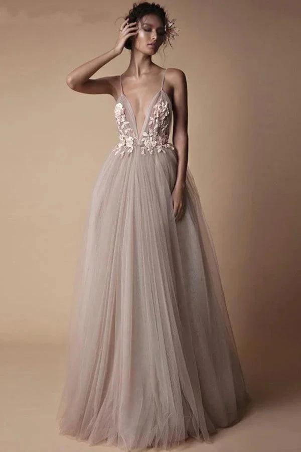 Spaghetti Strap Deep V Neck Beach Wedding Dresses With Applique (ZD16303) - VelvetHem