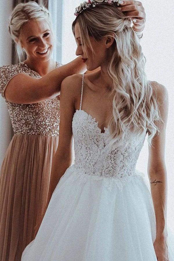 Spaghetti Straps Beaded Appliqued A-line Tulle Wedding Dresses (ZD16247) - VelvetHem