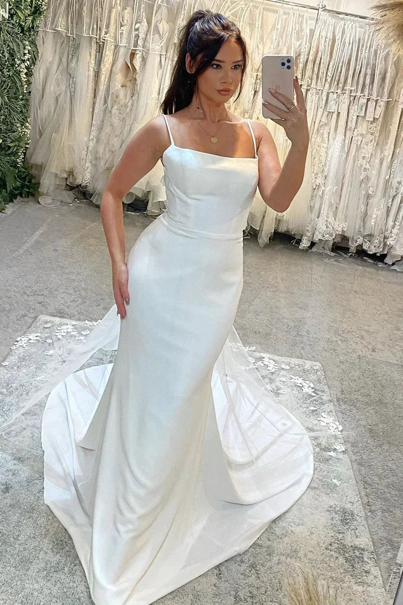 Spaghetti Straps Lace Beach Mermaid Court Train Wedding Dress (ZD16170) - VelvetHem
