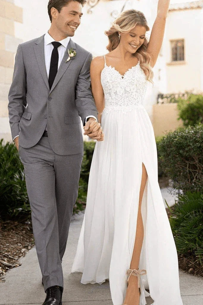 Spaghetti Straps Lace Split Chiffon Long Beach Wedding Dresses (ZD16227) - VelvetHem