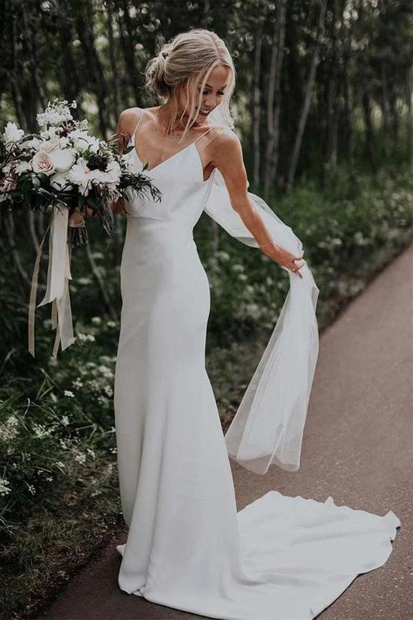 Spaghetti Straps Mermaid Backless V-Neck Beach Wedding Dresses (ZD16341) - VelvetHem