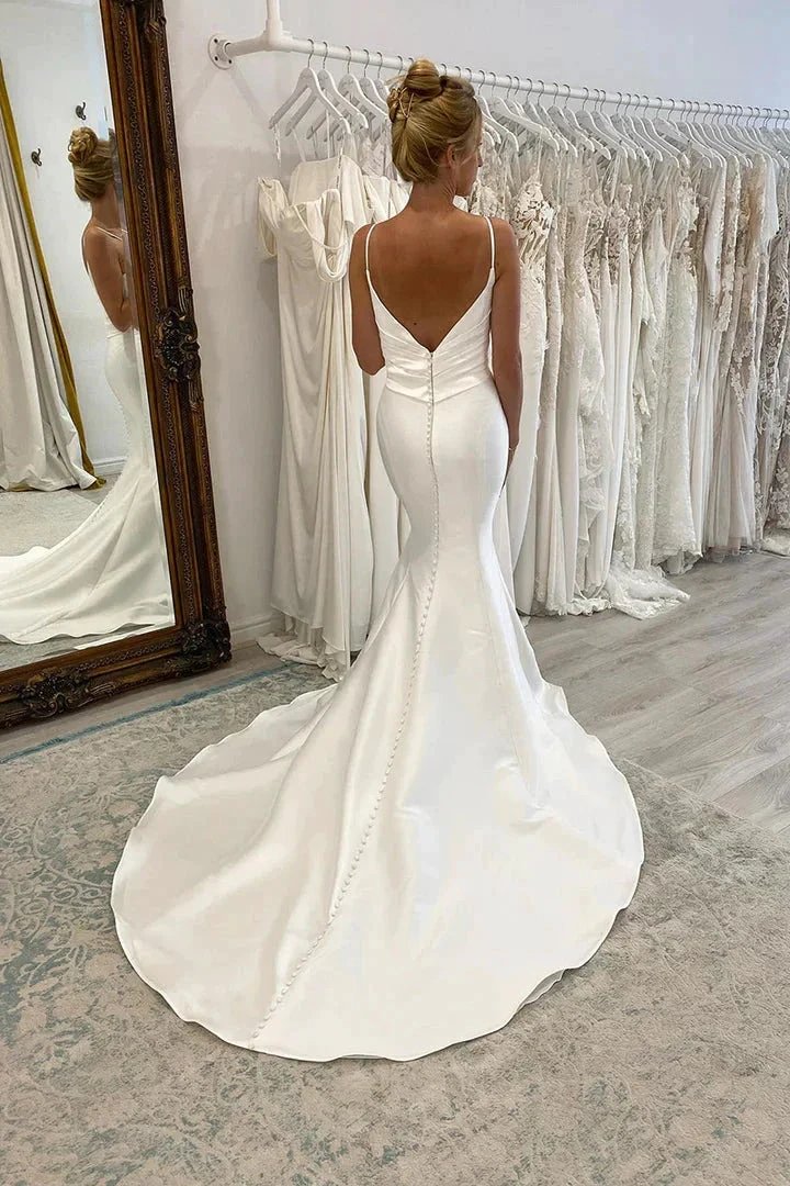 Spaghetti Straps V-neck Pleats Simple Mermaid Satin Wedding Dress (ZD16168)