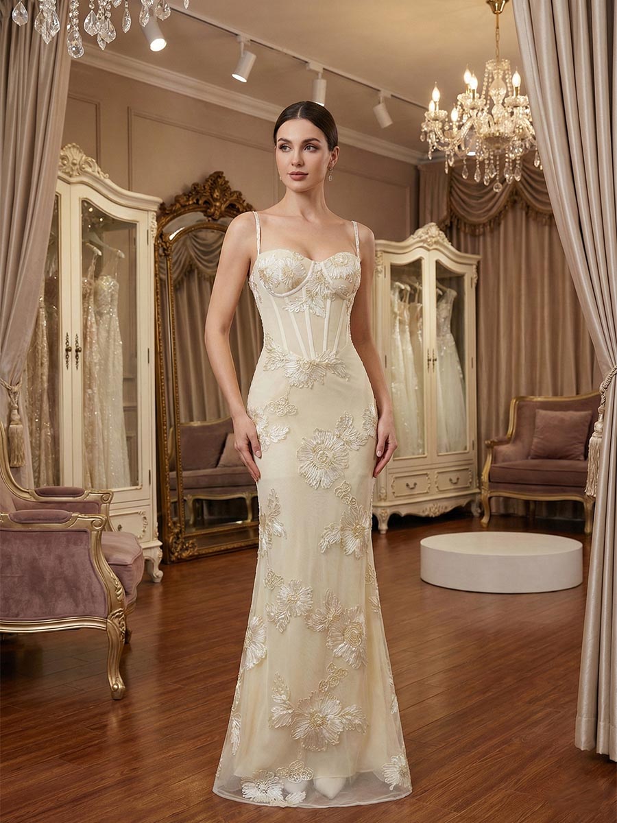 Spaghetti Straps Floral Embroidered Corset Mermaid Long Prom Dress - VelvetHem