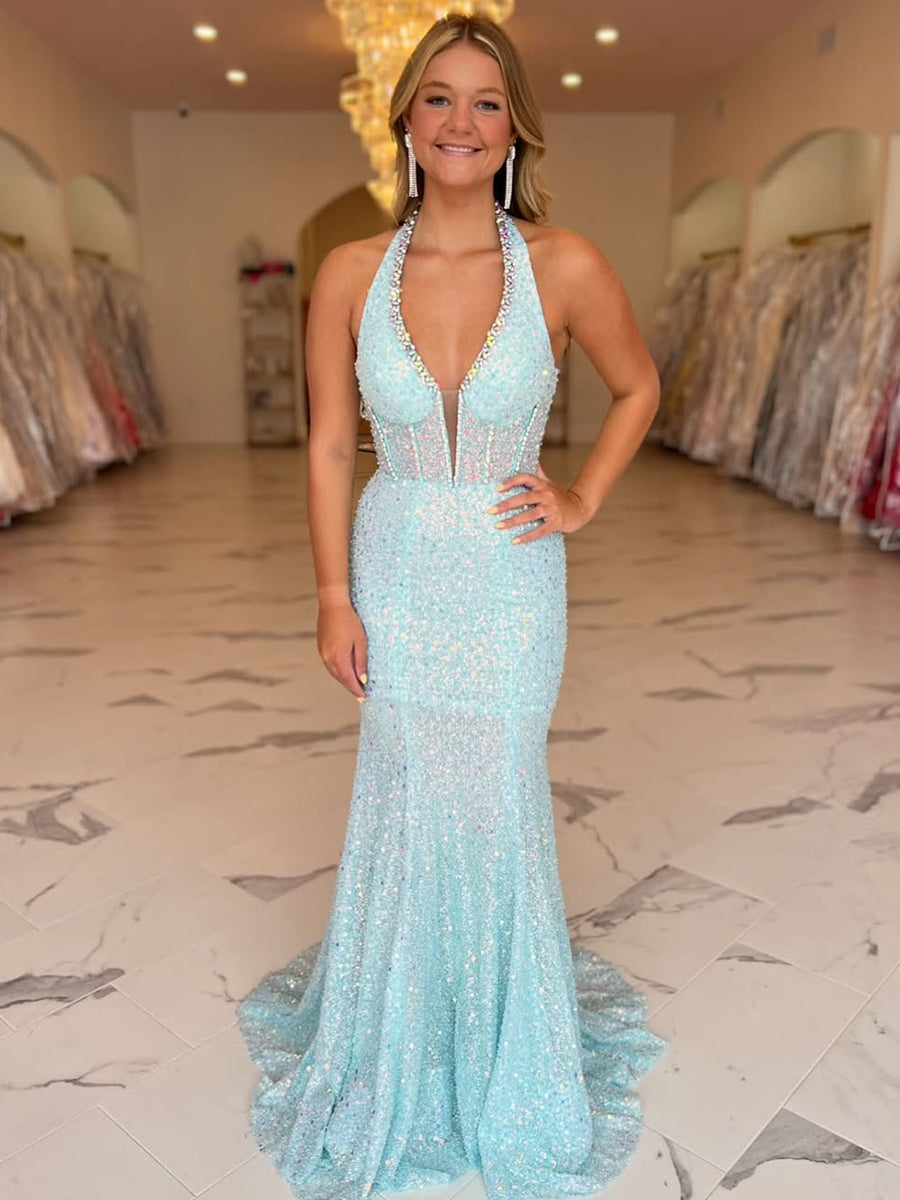 Sparkling Aqua Blue Crystal Halter Mermaid Long Prom Dress - VelvetHem