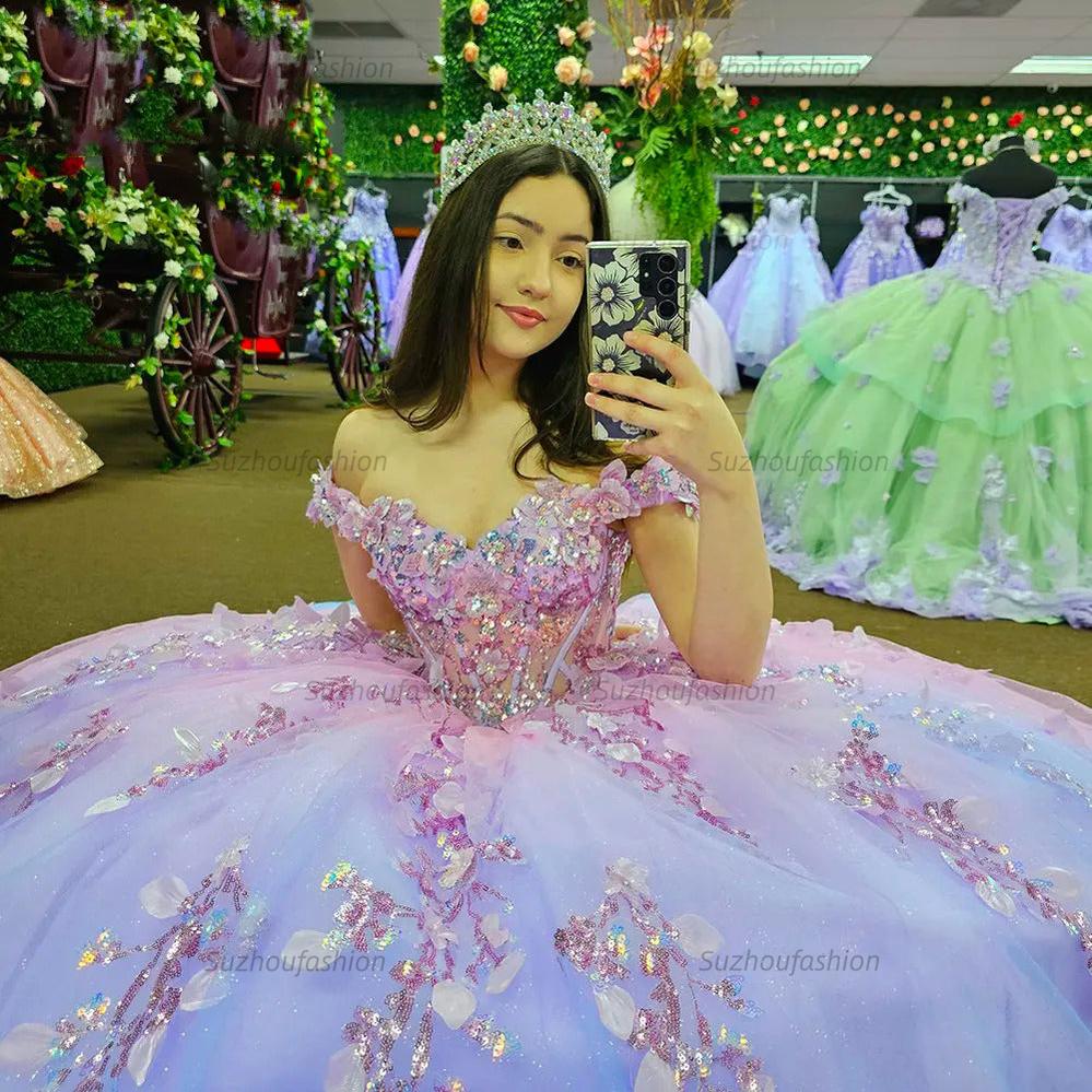 Sparkly Ball Gown Off Shoulder Appliques Beaded Tulle Princess Prom Party Gown Quinceanera Dresses For Sweet 16 Dress