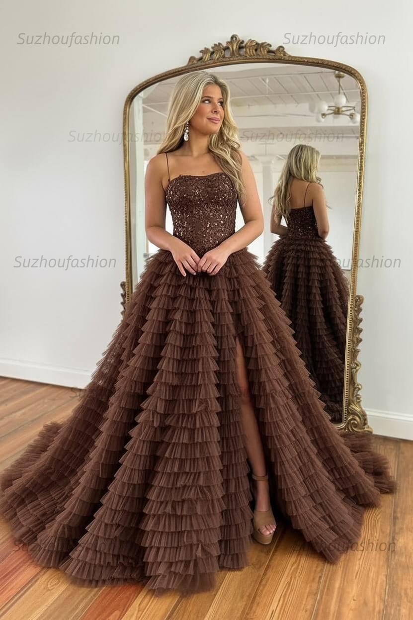 Sparkly Black Corset Spaghetti Straps Tulle A-Line Long Prom Dress with Slit