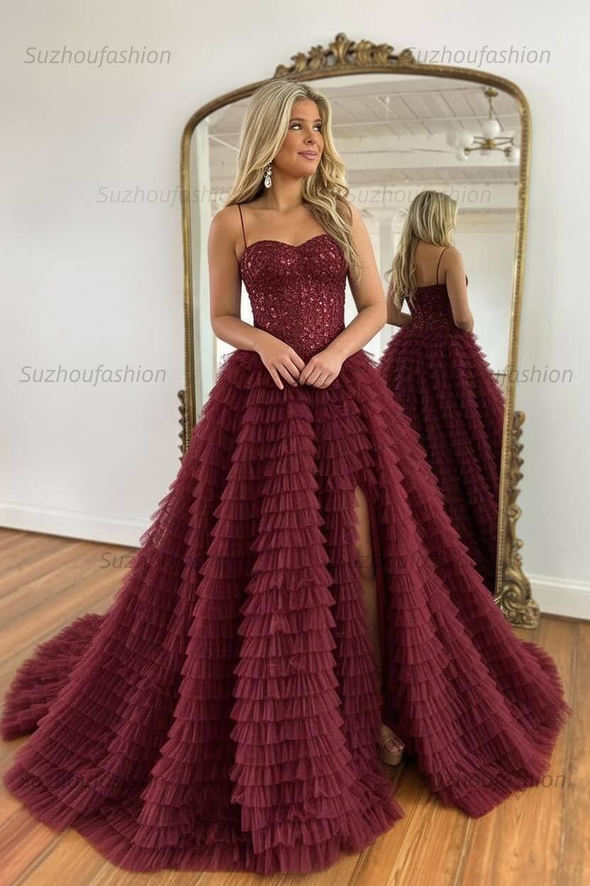 Sparkly Black Corset Spaghetti Straps Tulle A-Line Long Prom Dress with Slit