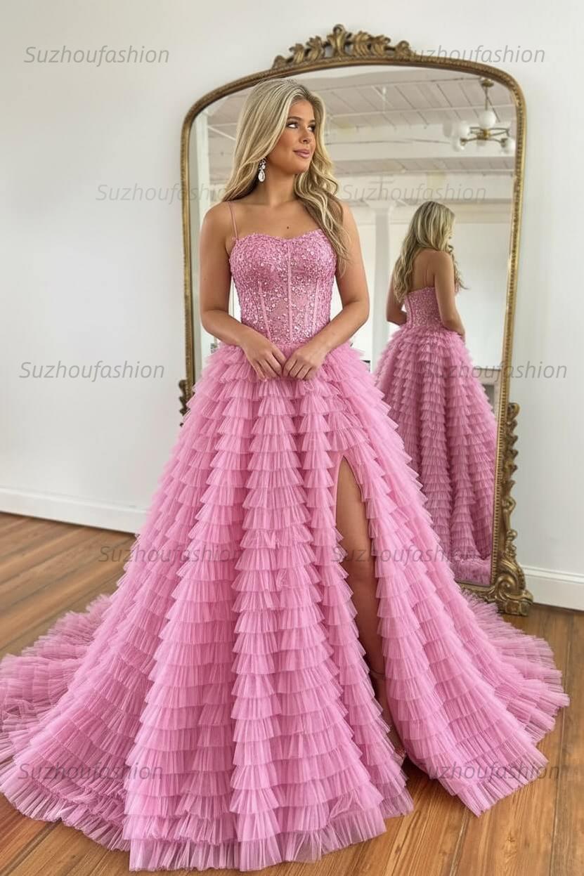 Sparkly Black Corset Spaghetti Straps Tulle A-Line Long Prom Dress with Slit