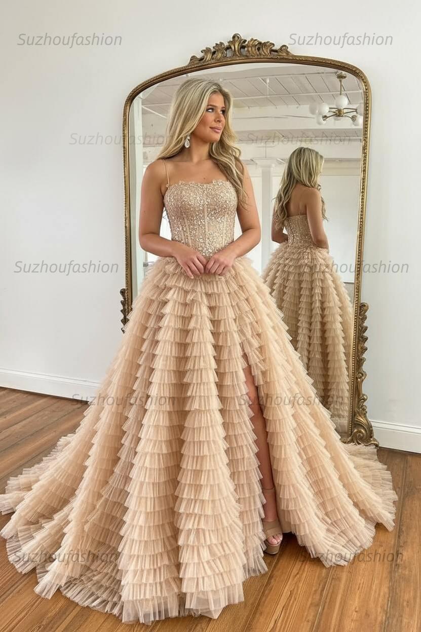 Sparkly Black Corset Spaghetti Straps Tulle A-Line Long Prom Dress with Slit