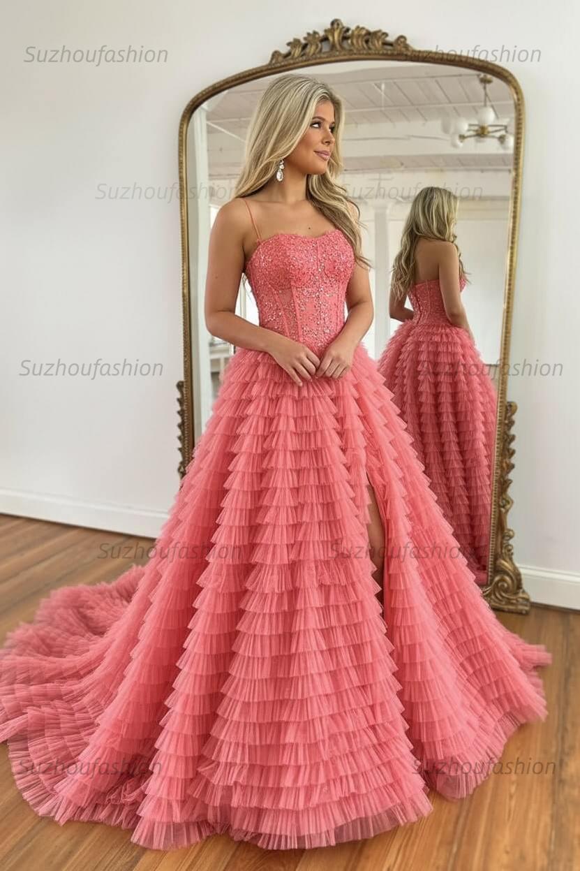 Sparkly Black Corset Spaghetti Straps Tulle A-Line Long Prom Dress with Slit