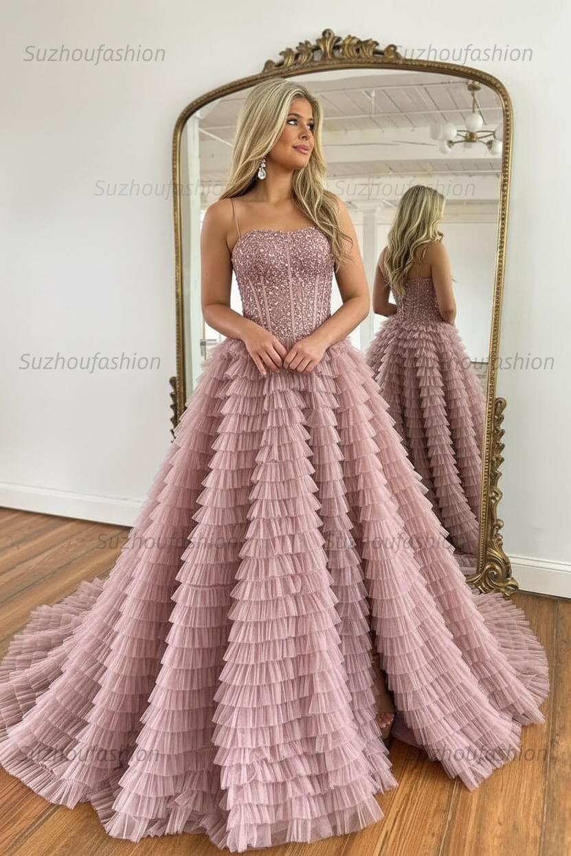 Sparkly Black Corset Spaghetti Straps Tulle A-Line Long Prom Dress with Slit
