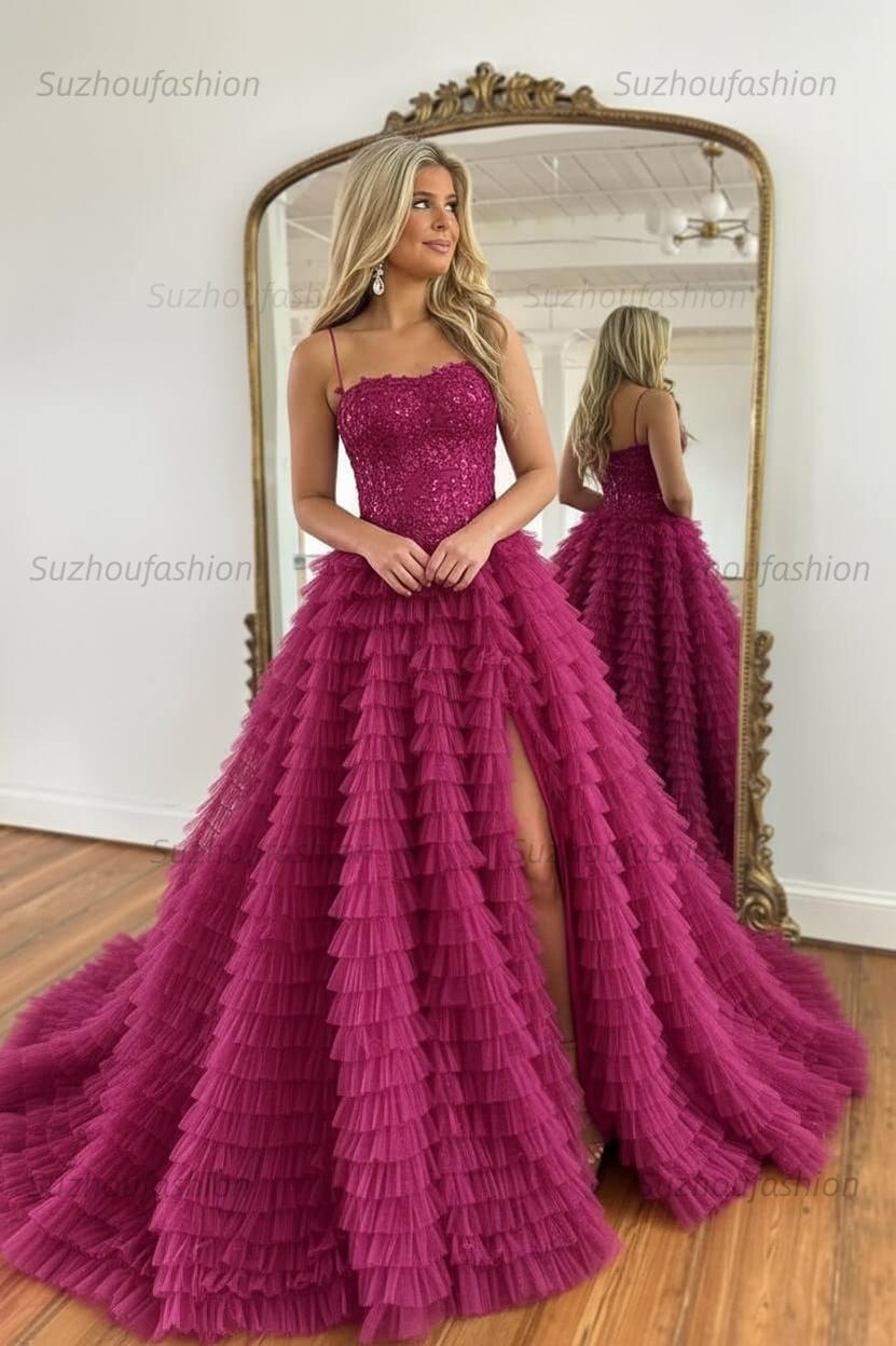 Sparkly Black Corset Spaghetti Straps Tulle A-Line Long Prom Dress with Slit