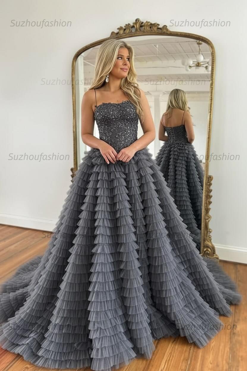 Sparkly Black Corset Spaghetti Straps Tulle A-Line Long Prom Dress with Slit