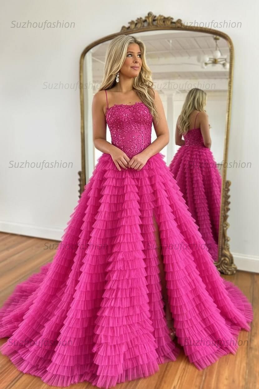 Sparkly Black Corset Spaghetti Straps Tulle A-Line Long Prom Dress with Slit