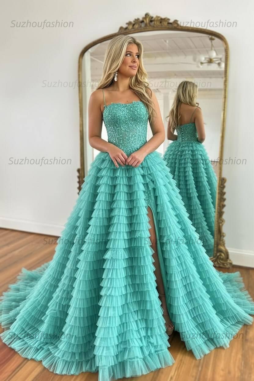 Sparkly Black Corset Spaghetti Straps Tulle A-Line Long Prom Dress with Slit