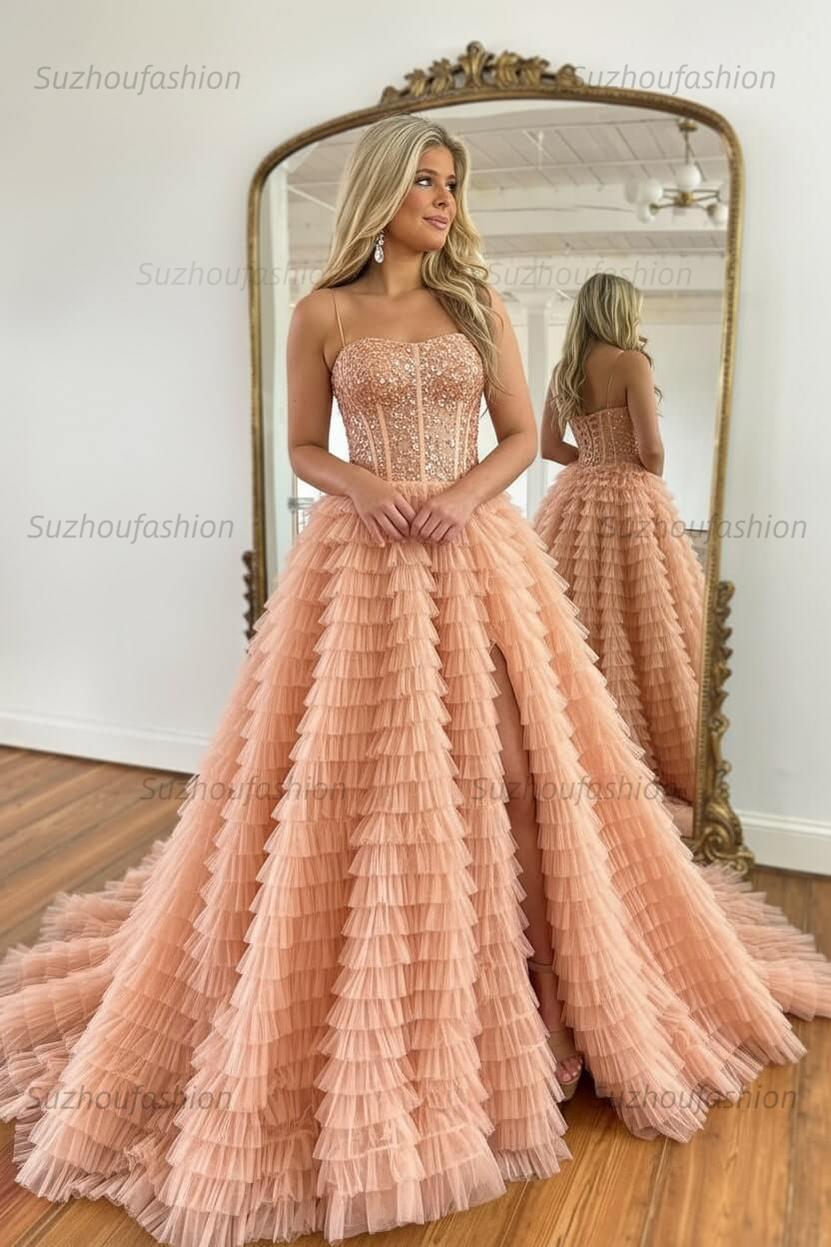 Sparkly Black Corset Spaghetti Straps Tulle A-Line Long Prom Dress with Slit