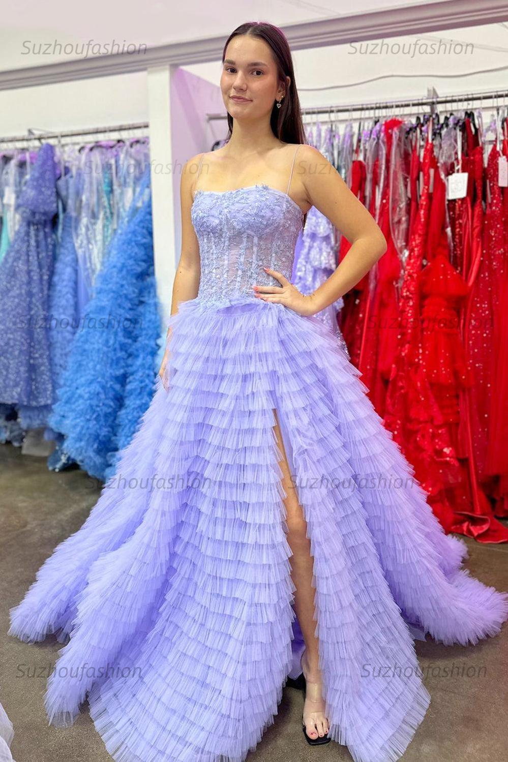Sparkly Black Corset Spaghetti Straps Tulle A-Line Long Prom Dress with Slit