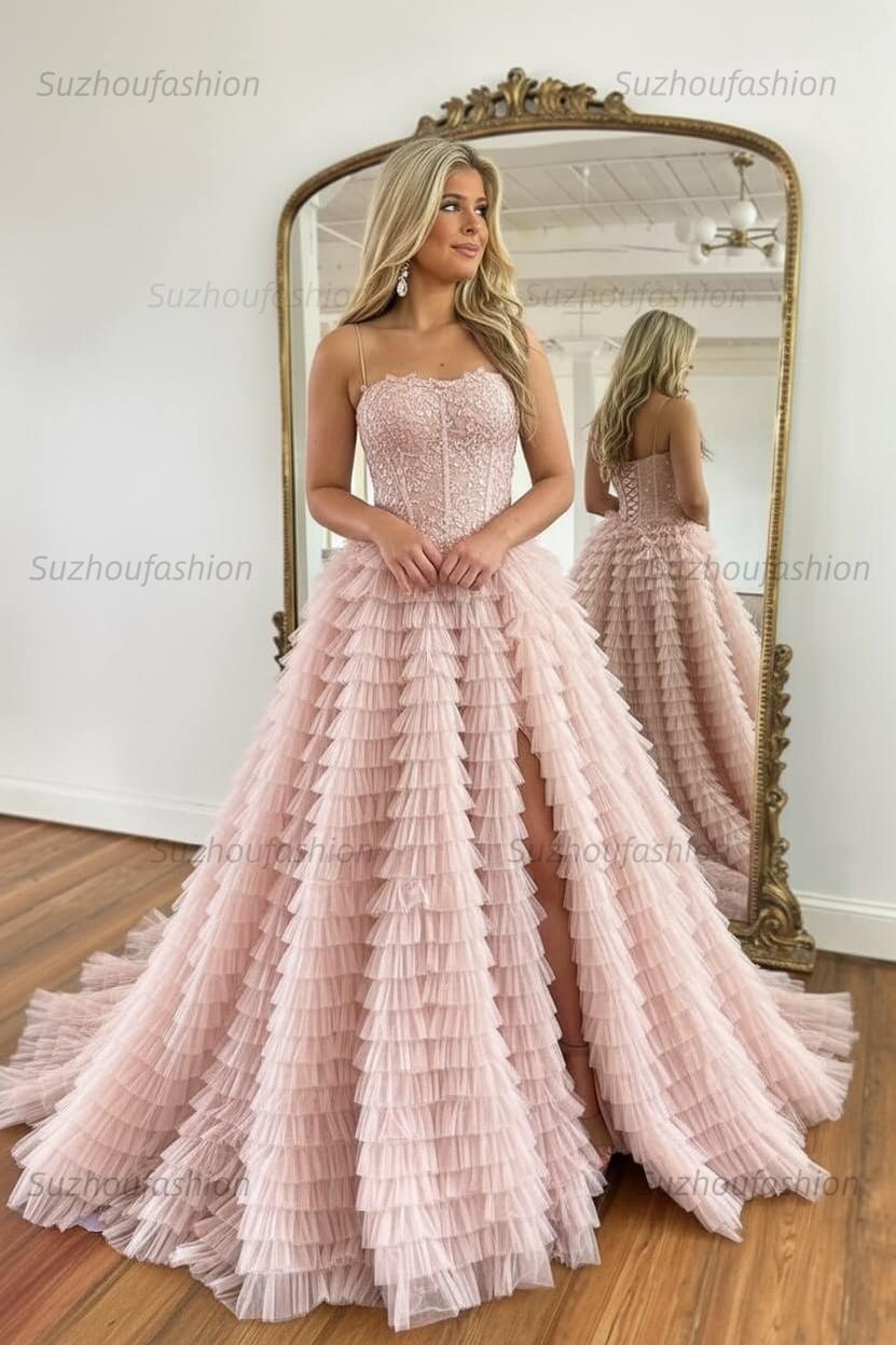 Sparkly Black Corset Spaghetti Straps Tulle A-Line Long Prom Dress with Slit