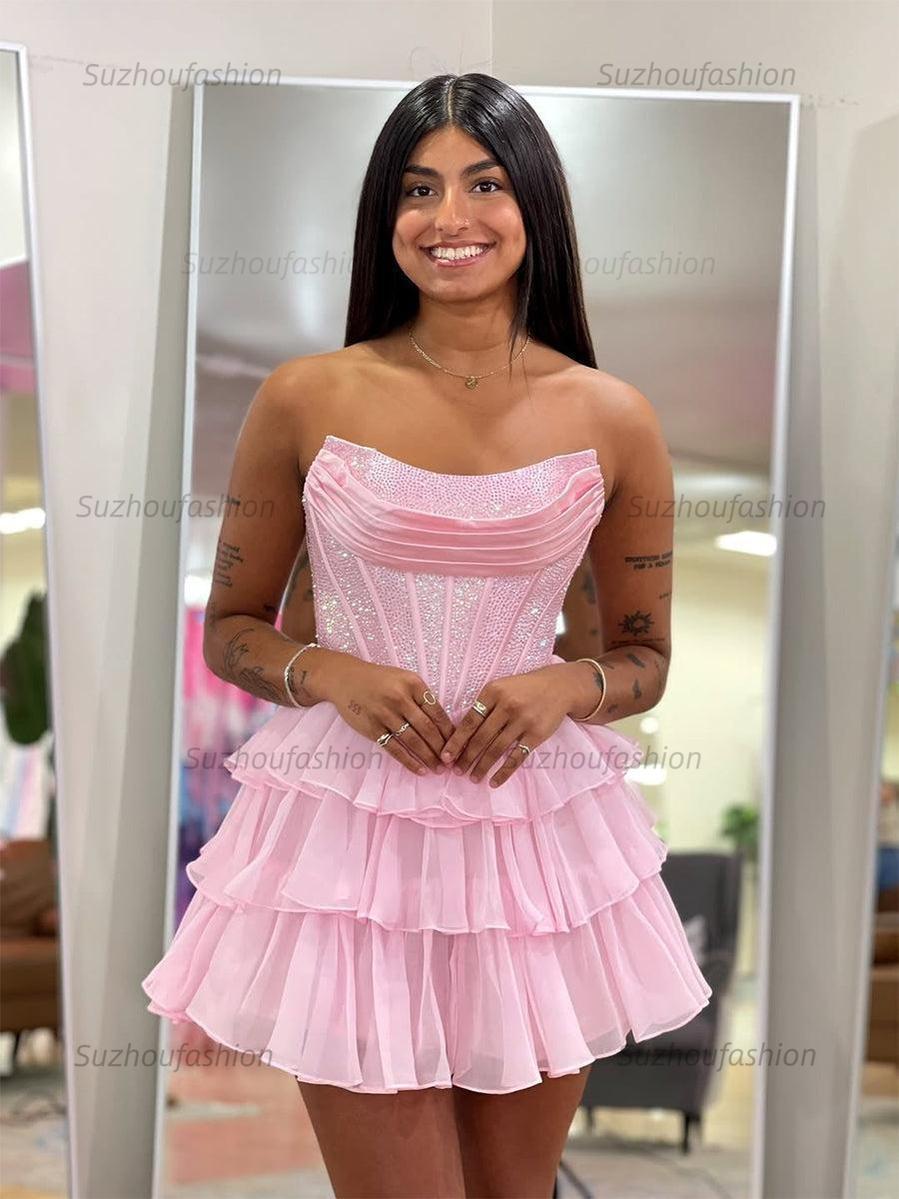 Suzhoufashion Sparkly Corset A Line Short Beaded Homecoming Dress with Ruffles