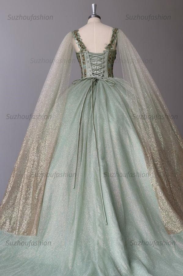 Sparkly & Glitter Ball Gown Sweetheart Neck Sleeveless Beaded Sage Tulle Green Quinceanera Dress Formal Evening Party Gown For Sweet 16