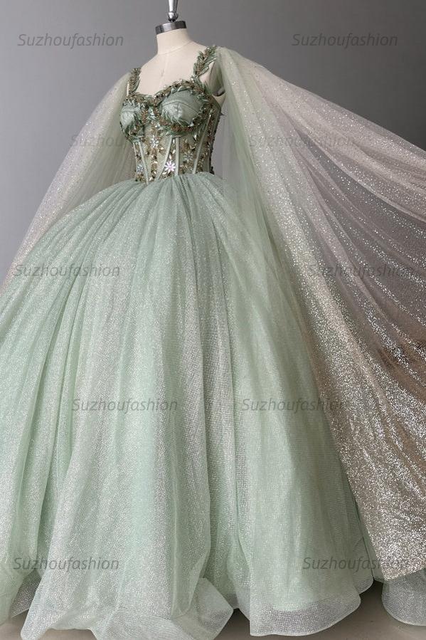 Sparkly & Glitter Ball Gown Sweetheart Neck Sleeveless Beaded Sage Tulle Green Quinceanera Dress Formal Evening Party Gown For Sweet 16