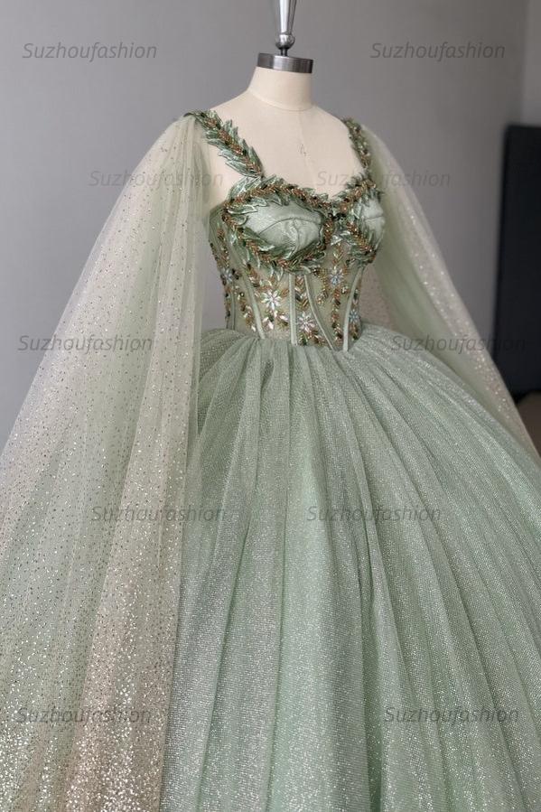 Sparkly & Glitter Ball Gown Sweetheart Neck Sleeveless Beaded Sage Tulle Green Quinceanera Dress Formal Evening Party Gown For Sweet 16